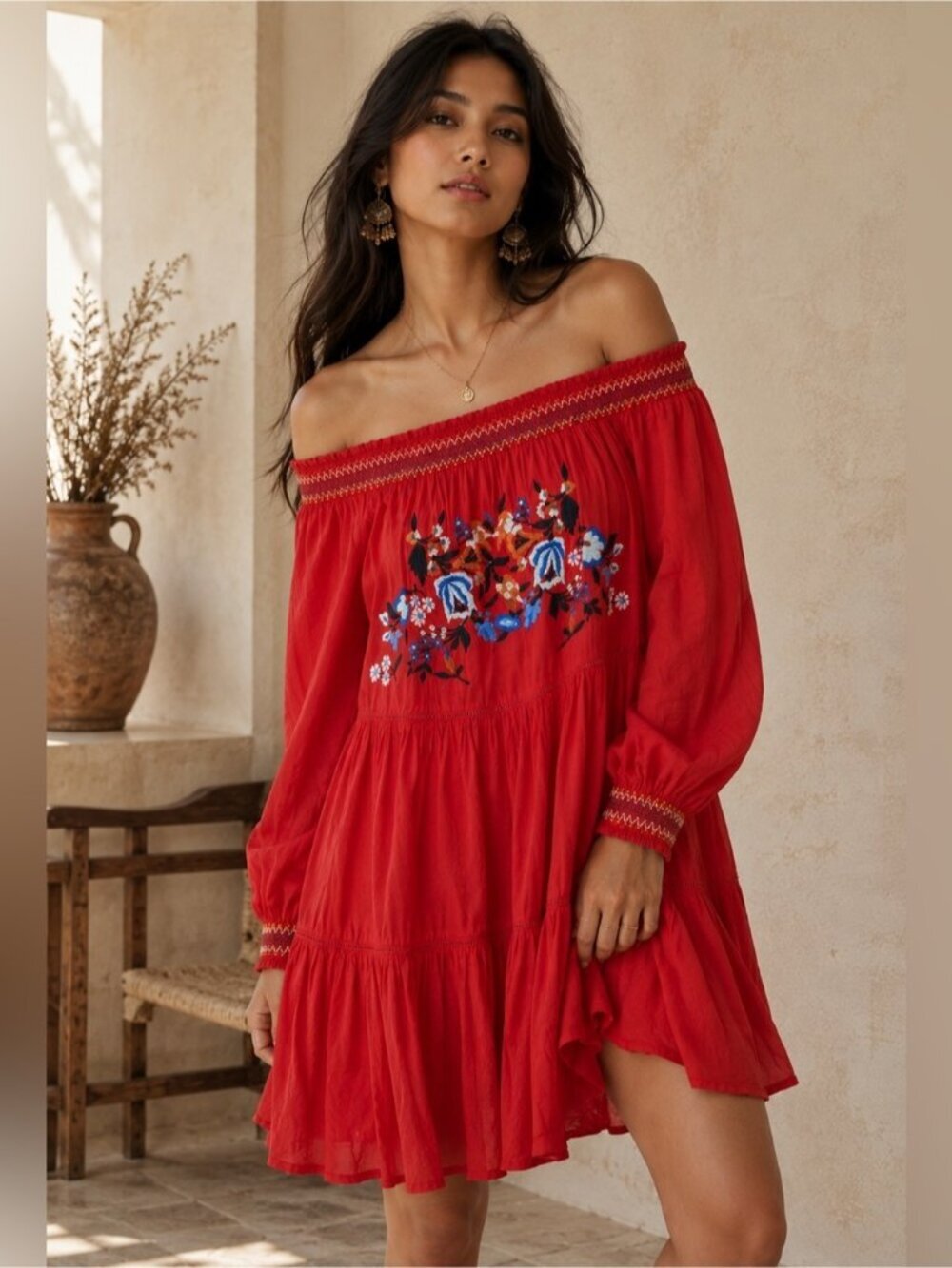 Free People Red Embroidered Boho Dress – Size M